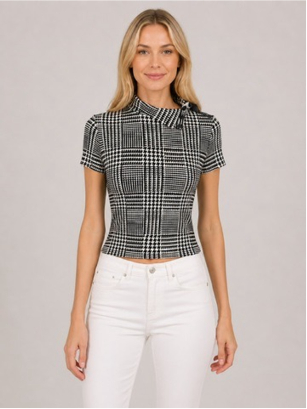Ralph Lauren Black Cream Glen Plaid Stretch Jersey Mock Neck Top Preppy Size L